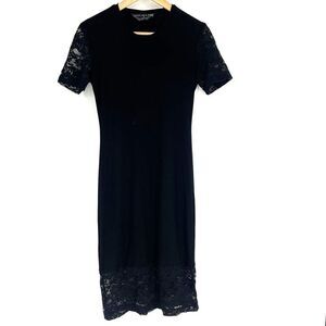 Kamalikulture Dress Size Small Womens Black Stretch Knit Lace Sheath Midi Party